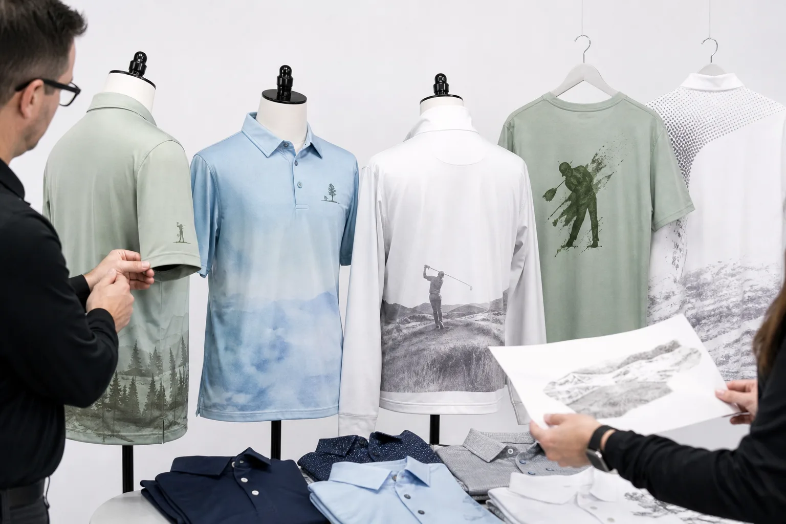 Custom golf apparel with printed chest, sleeve, and back placements