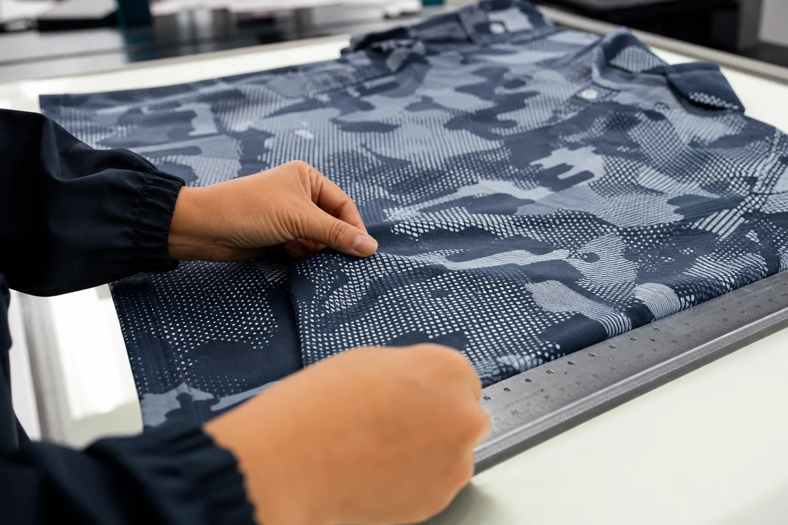 Printed golf garment sample being checked for placement and surface quality