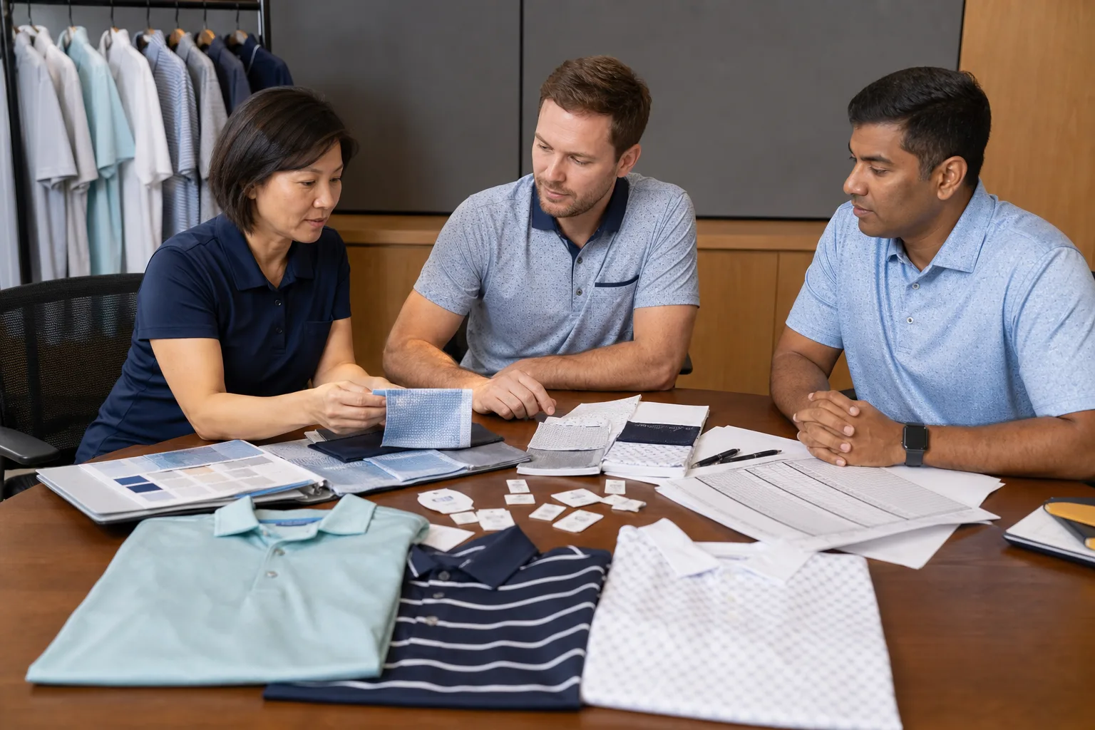 Golf apparel compliance review with samples, labels, and document checks
