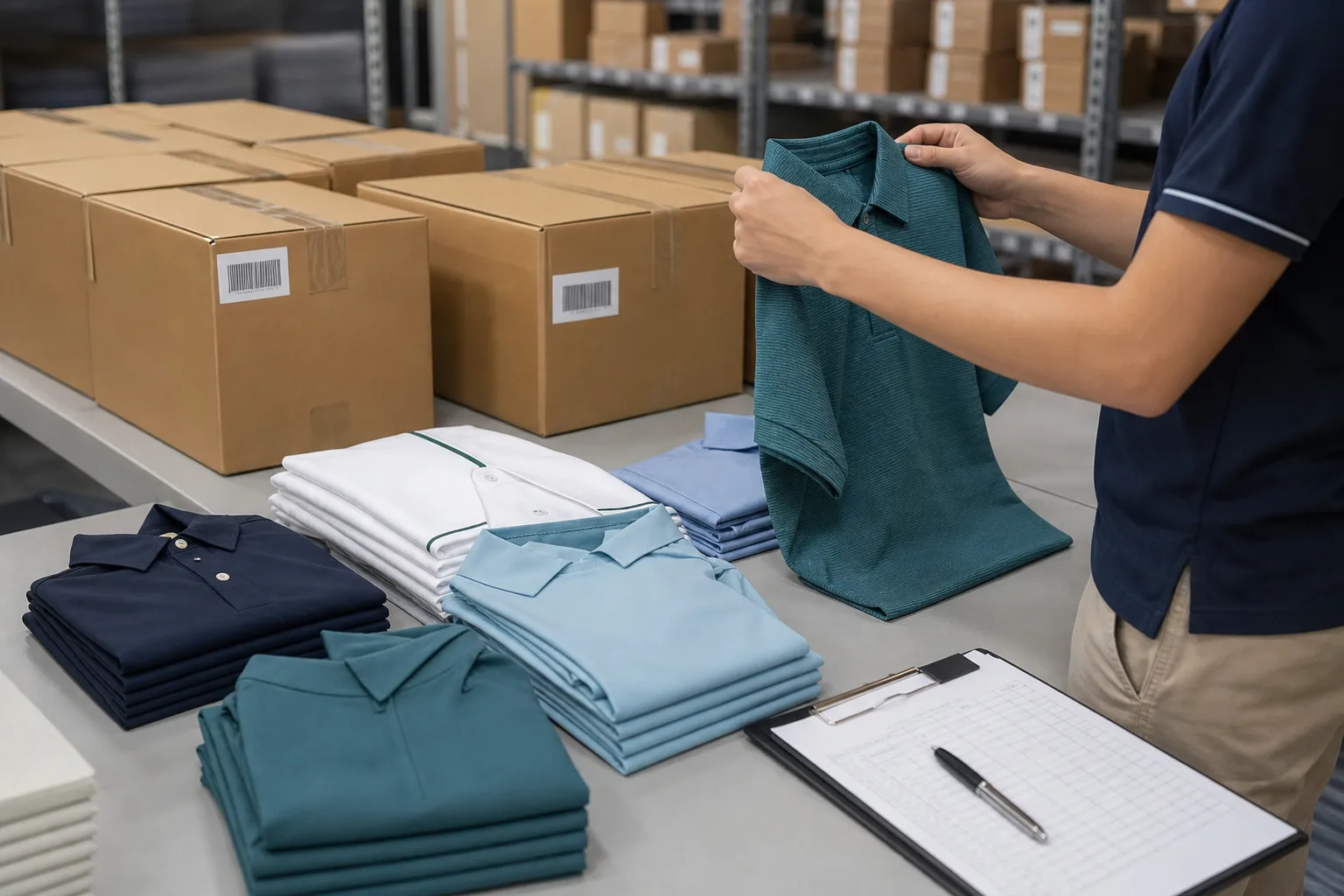 Golf apparel cartons and inspection paperwork prepared for shipment review