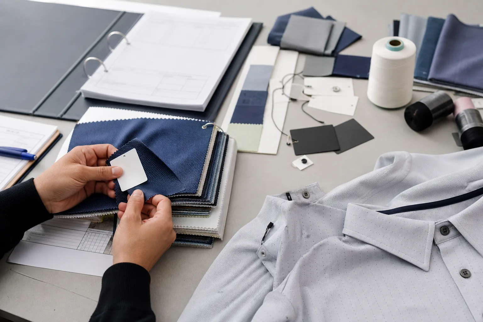 Fabric, trim, and label materials prepared for compliance verification