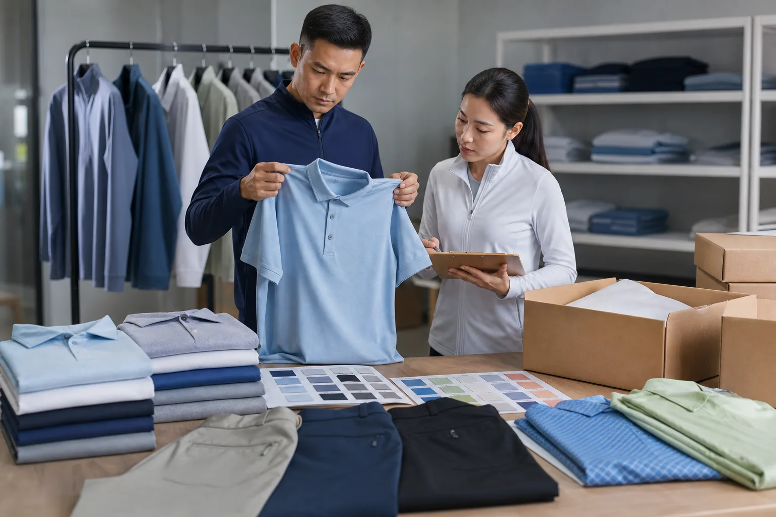 Quality control and packing for golf clothing manufacturing buyers