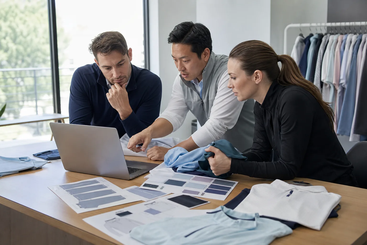 Golf apparel team reviewing a custom project brief with sample garments
