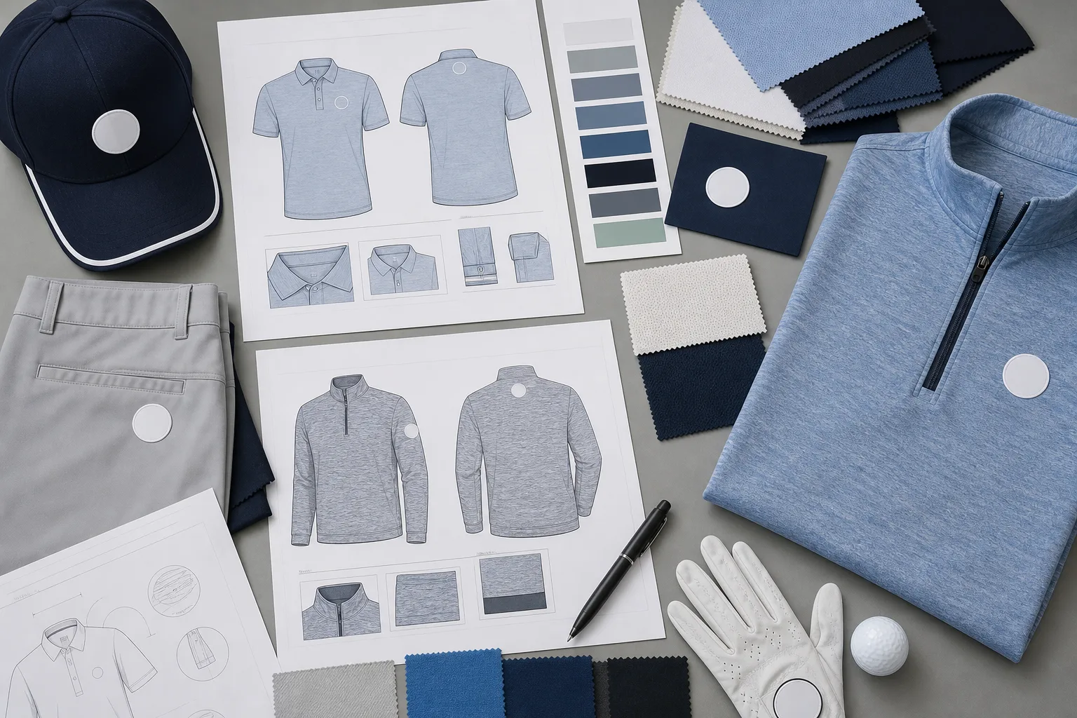 Flat lay of golf apparel request materials, notes, and fabric swatches