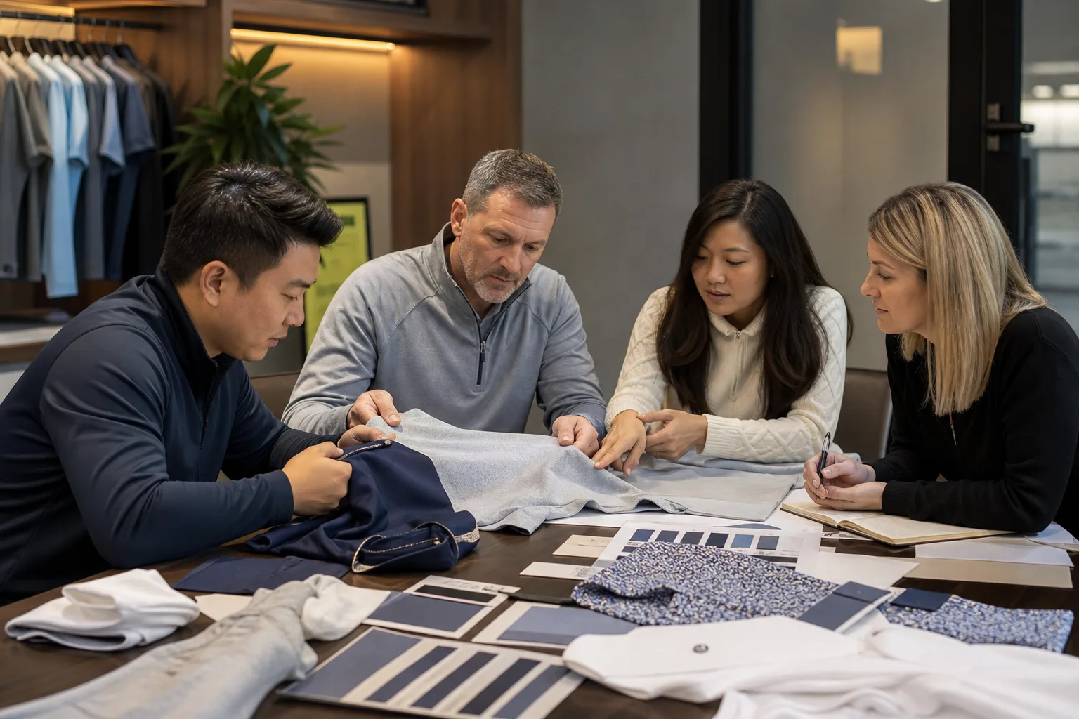 Apparel consultation meeting with samples, trim cards, and project notes