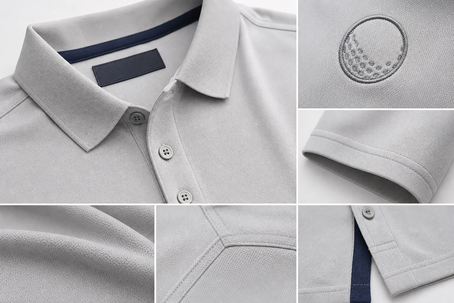 Golf apparel samples showing embroidery, labels, and construction details