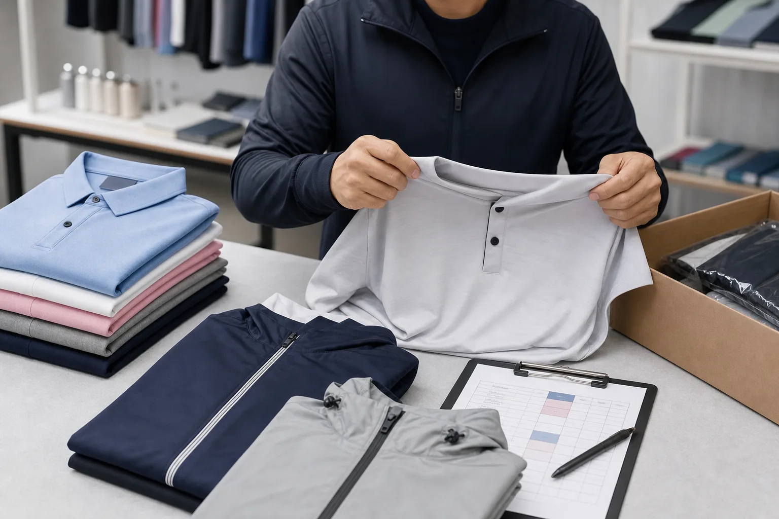 Quality control and packing for golf clothing manufacturing buyers