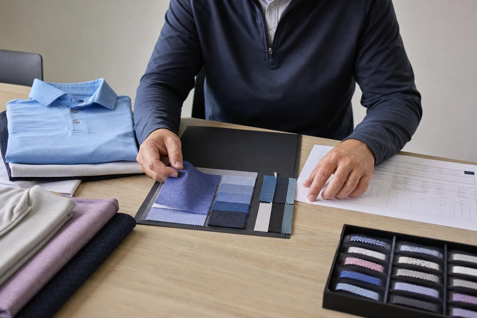 Buyer reviewing cost planning materials for custom golf apparel