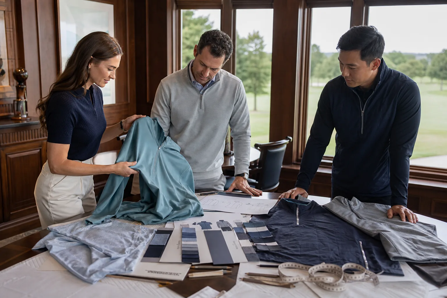 Team reviewing golf apparel samples and fabric swatches at a table