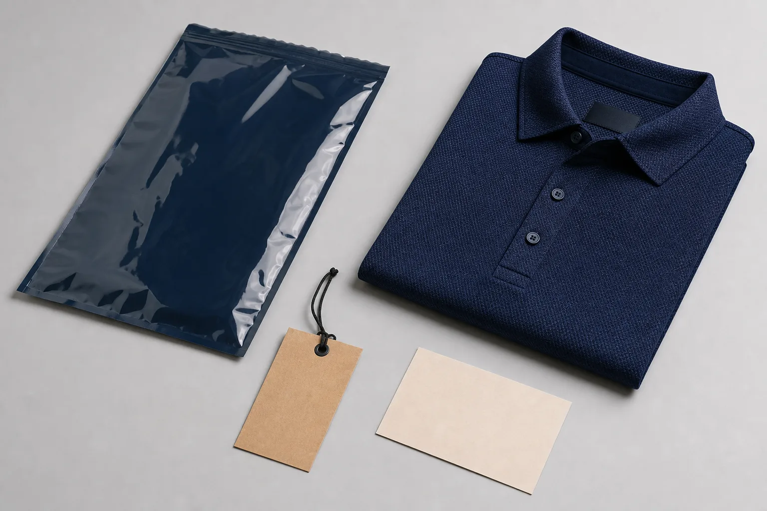 Folded golf apparel with branded polybag, hang tag, and insert card