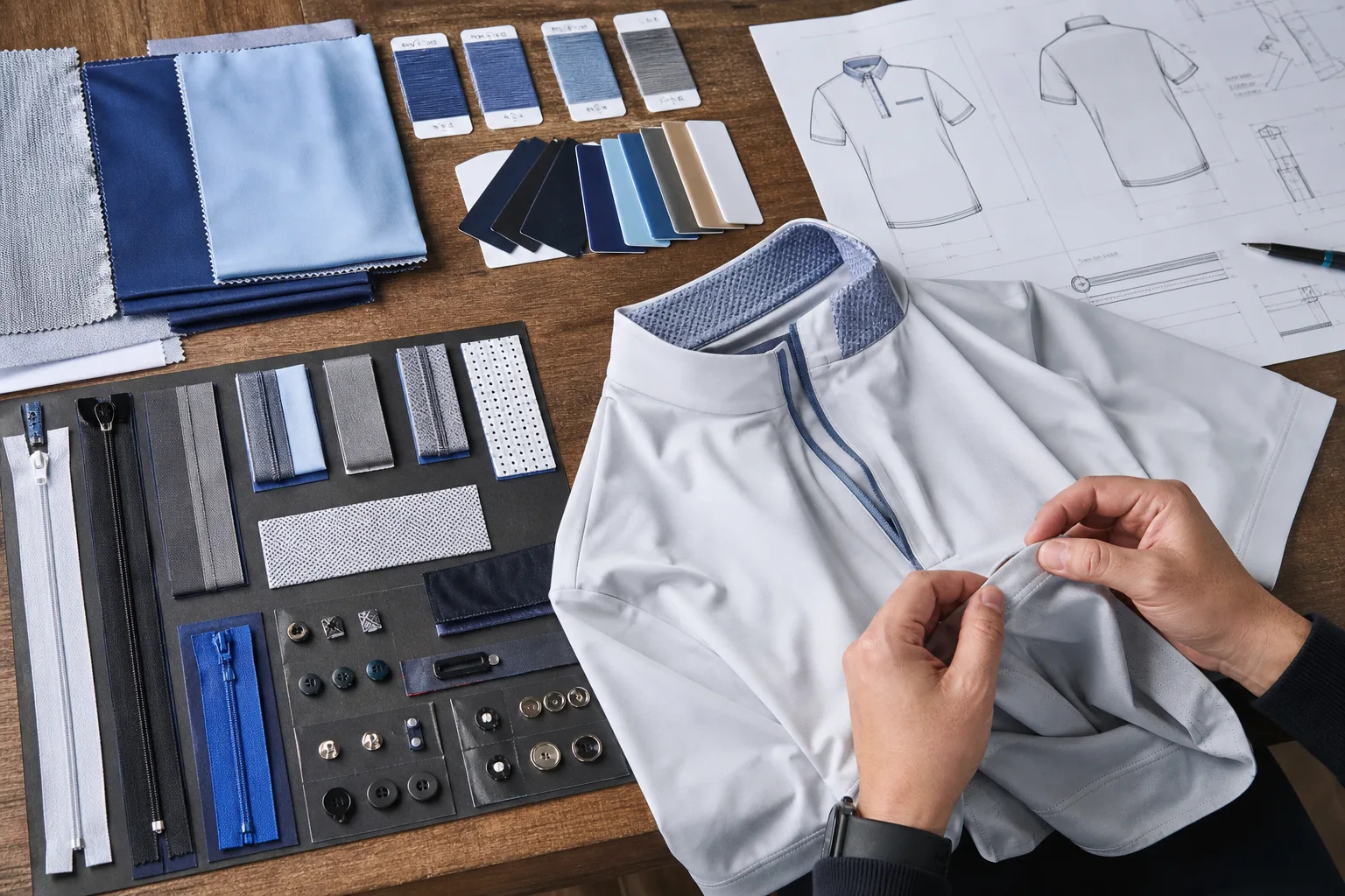 Fabric swatches, trims, and tech pack materials for golf apparel development