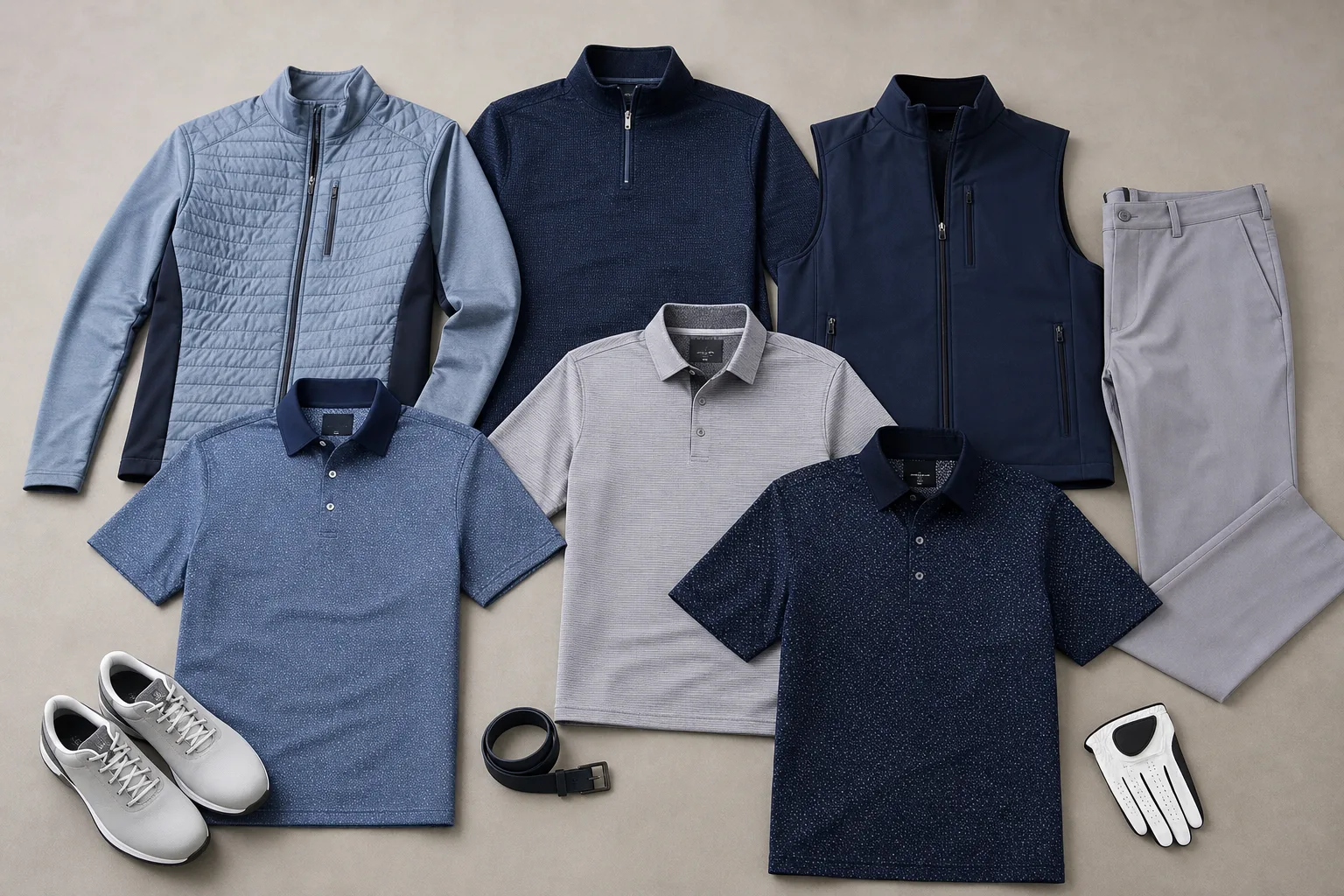 Coordinated custom golf apparel pieces arranged in a studio flat lay