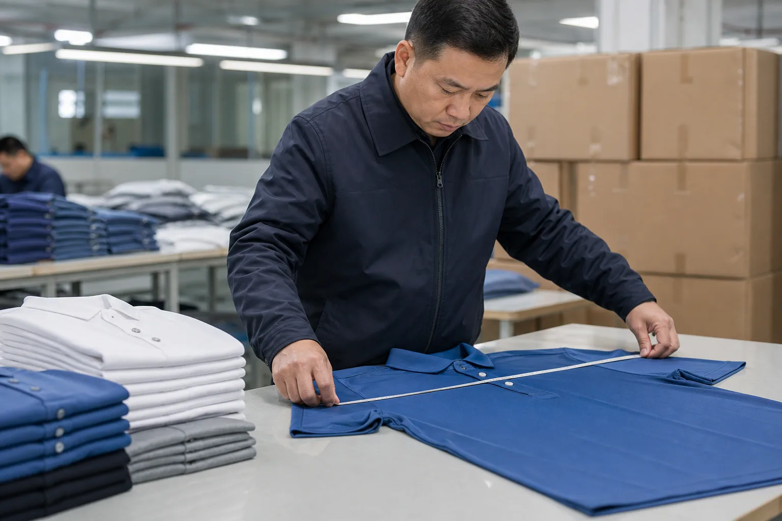 Quality inspector measuring finished golf apparel in a production setting