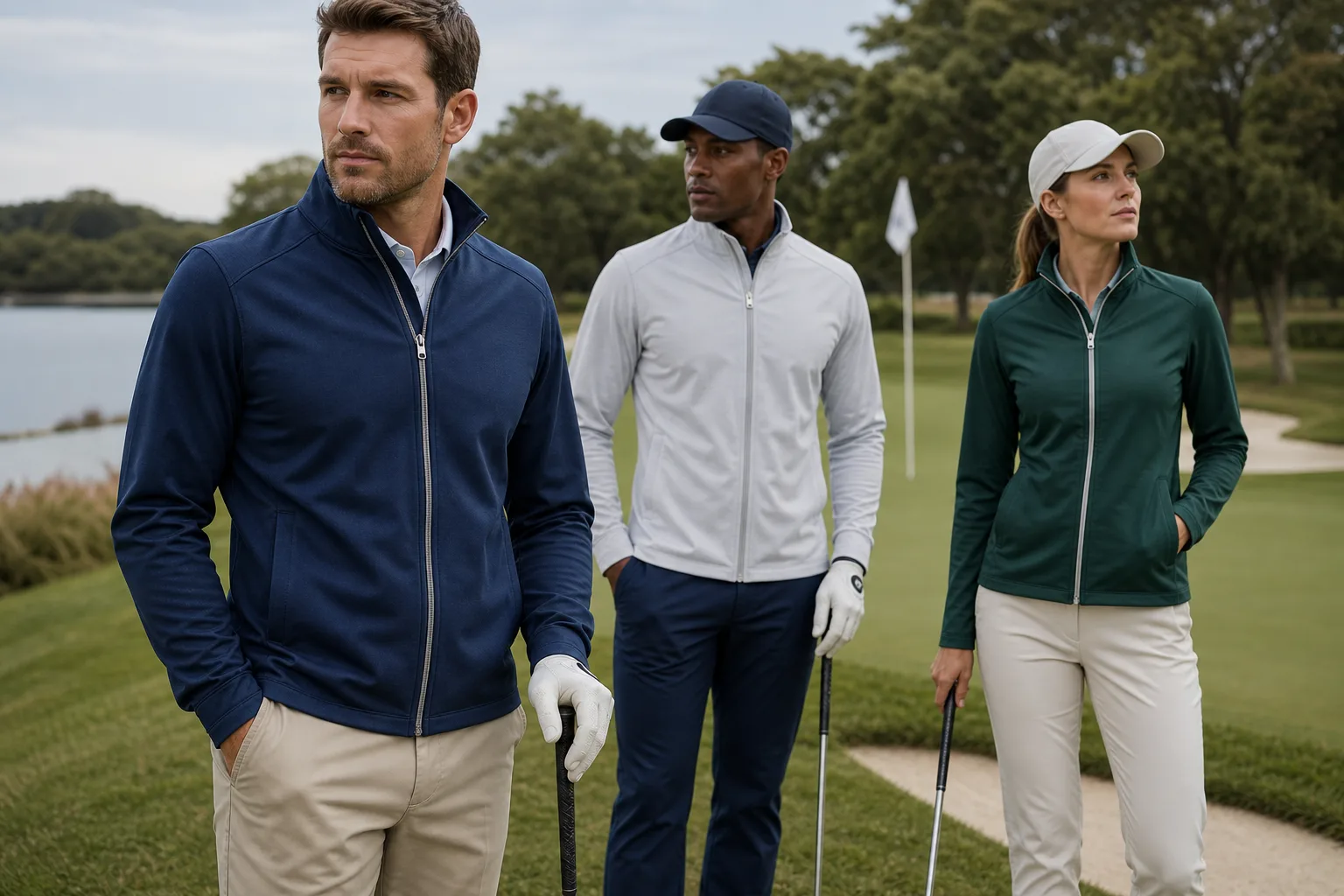 Models wearing custom golf jackets near a golf practice green