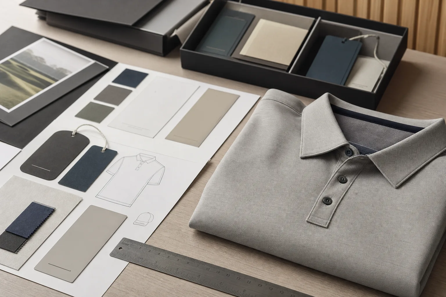 Packaging mockups and label proofs beside a folded golf apparel sample