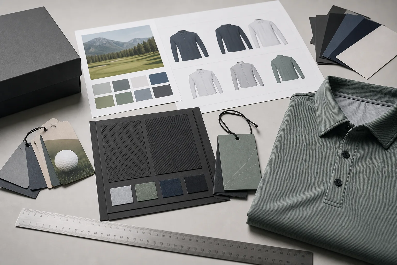 Packaging mockups and label proofs beside a folded golf apparel sample