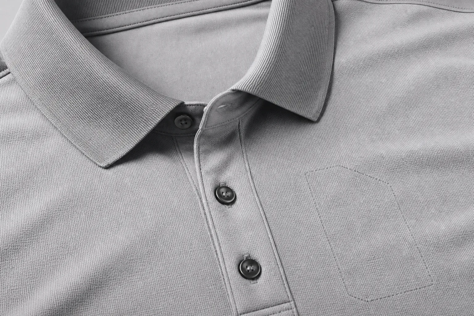 Close-up of custom golf polo shirt collar, placket, and logo placement area