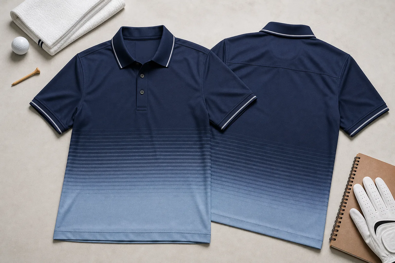 Custom golf polo shirts shown in a clean flat lay with front and back views