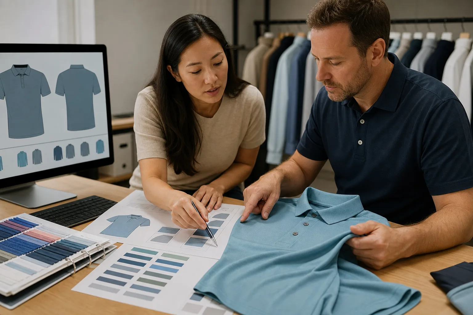 Reviewing golf apparel logo artwork before approval