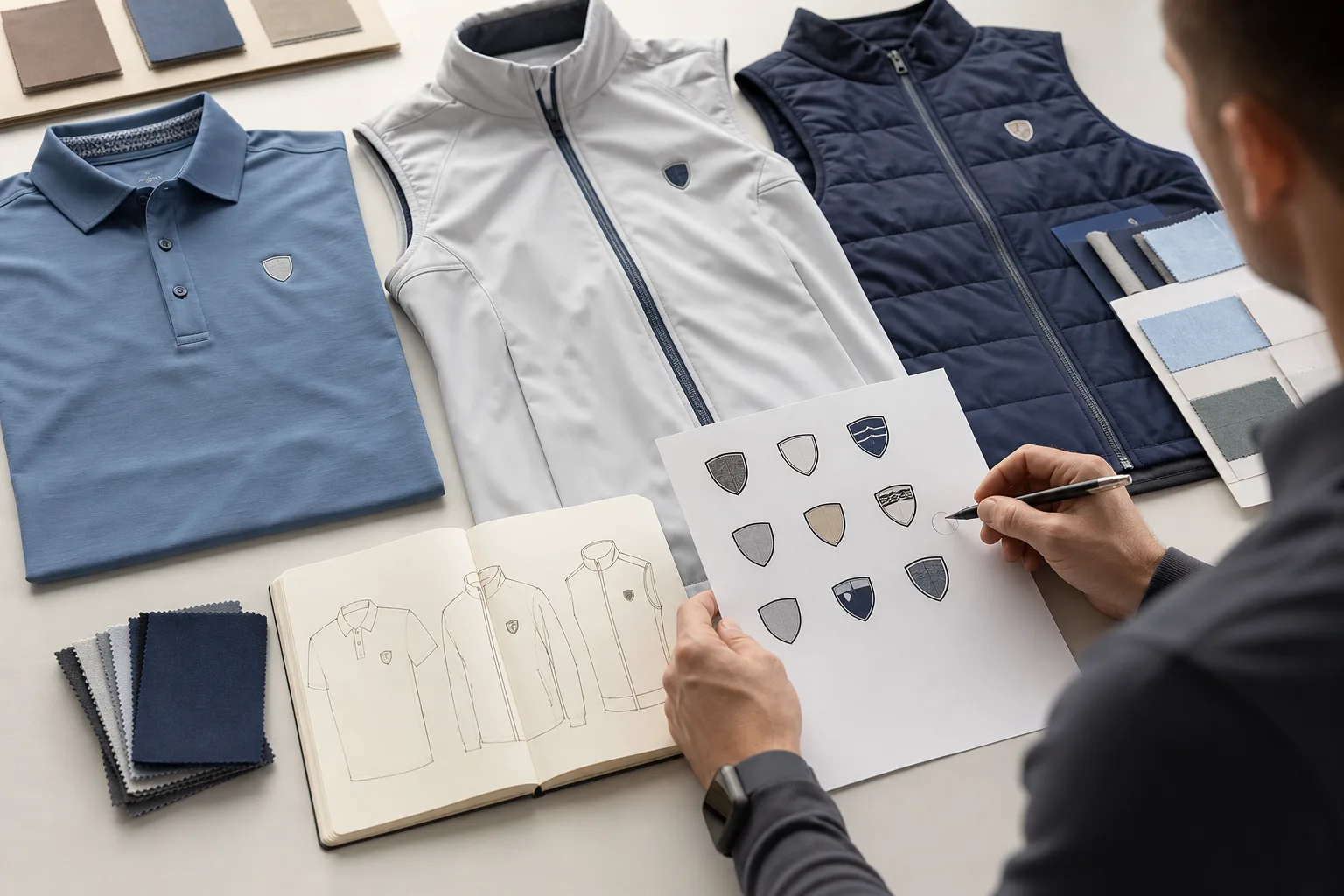 Buyer reviewing custom logo options for golf apparel