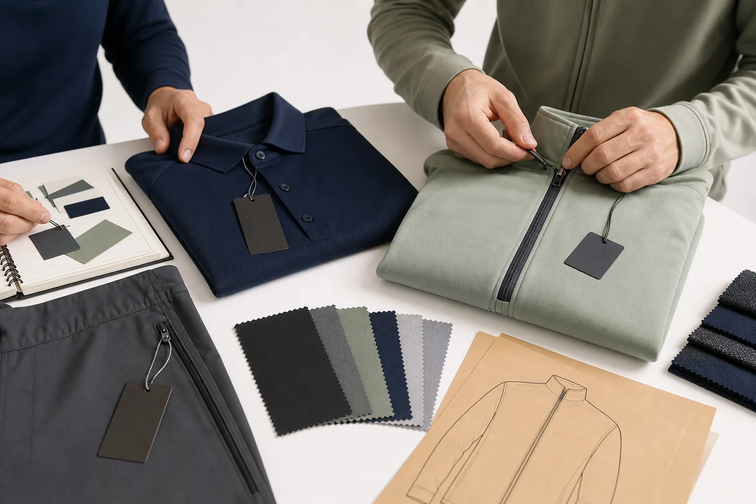 Golf apparel with visible custom labels, hangtags, and trim details