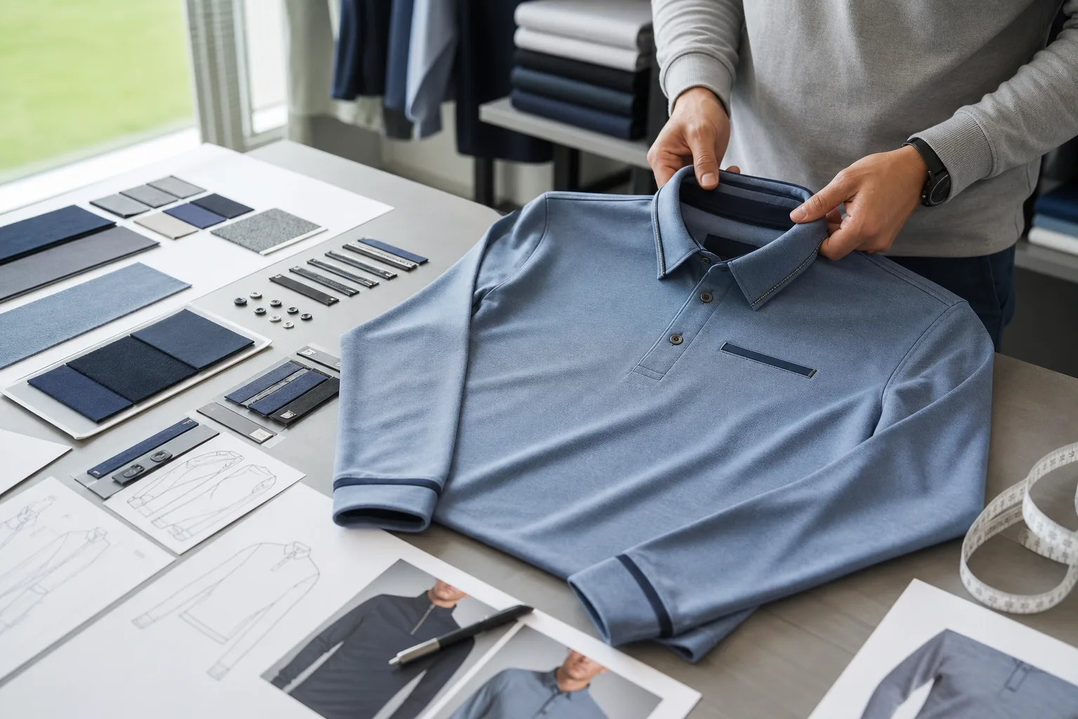 Golf apparel sample review with trim placement tools and reference sheets