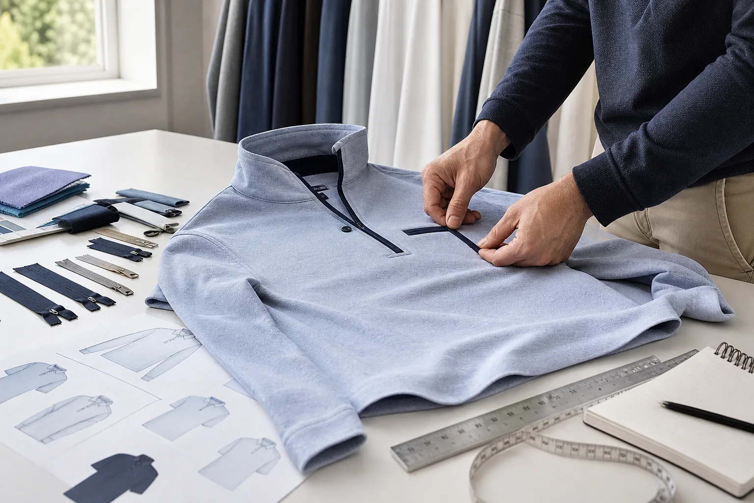 Golf apparel sample review with trim placement tools and reference sheets