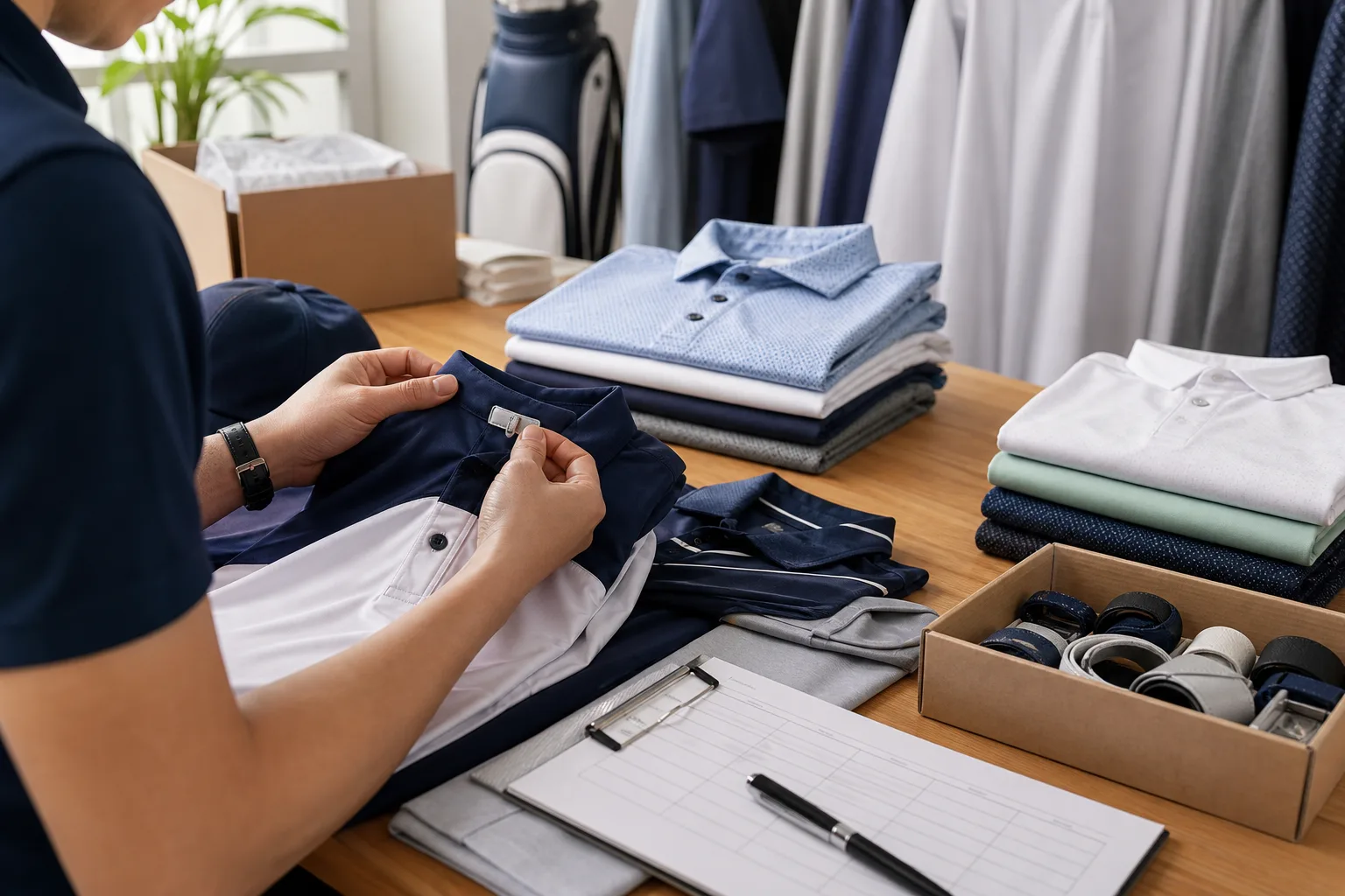 Quality control and packing for golf clothing manufacturing buyers