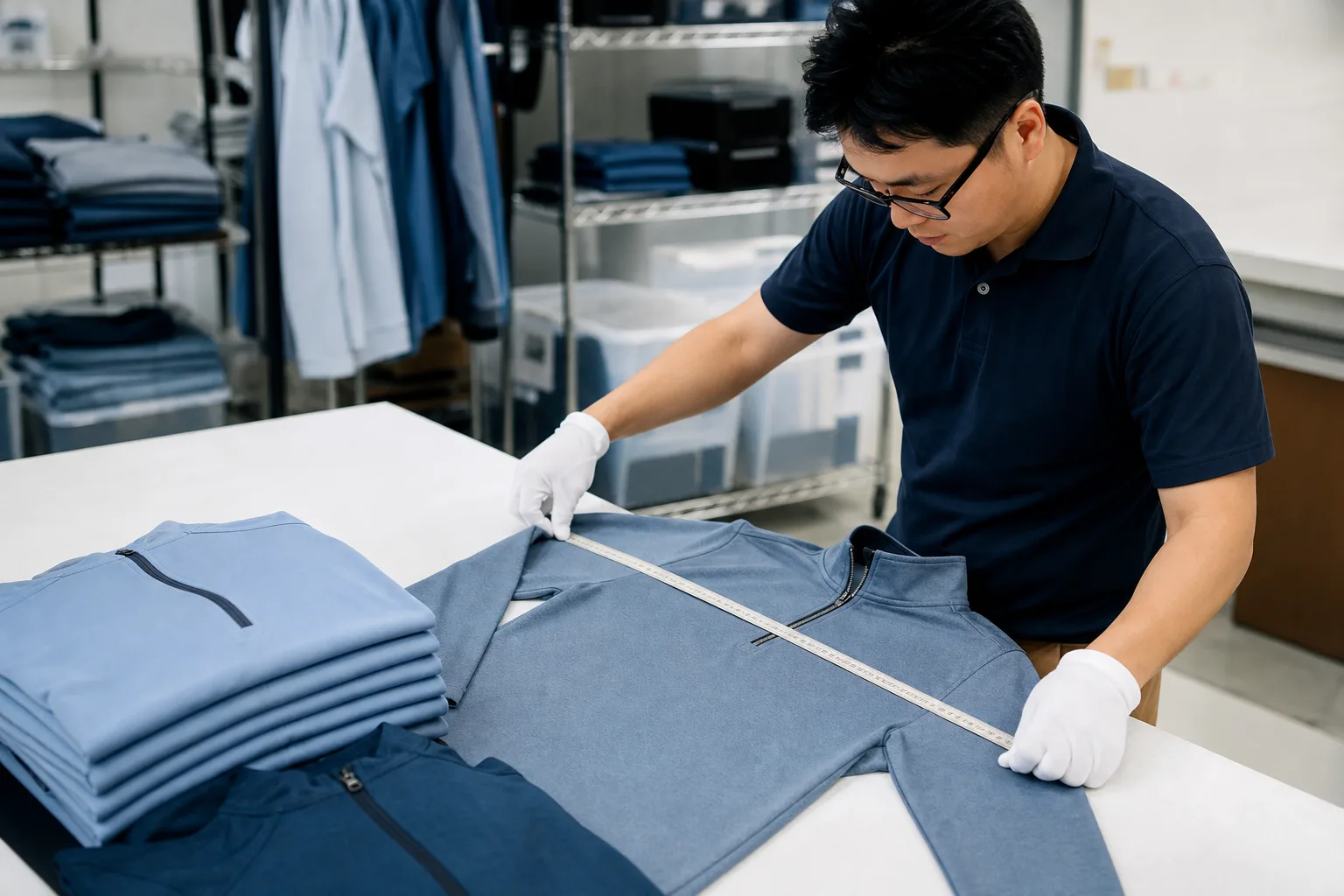 Apparel technician checking measurements during golf garment inspection
