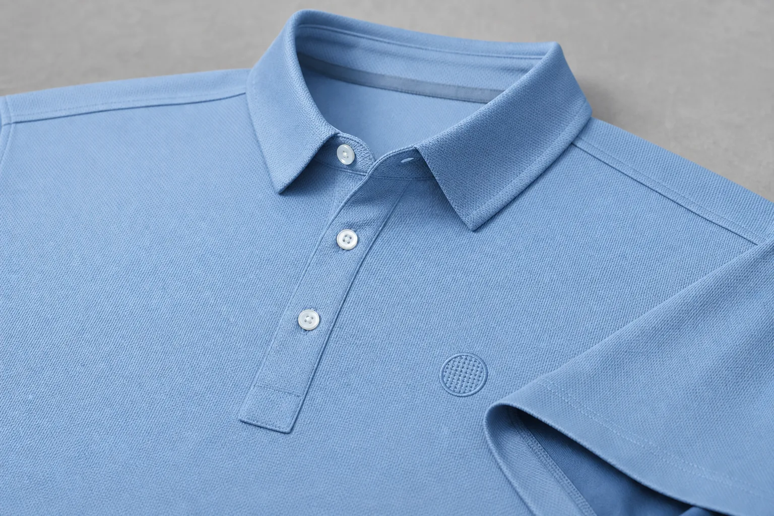 Golf polo construction details with collar placket and sleeve finish