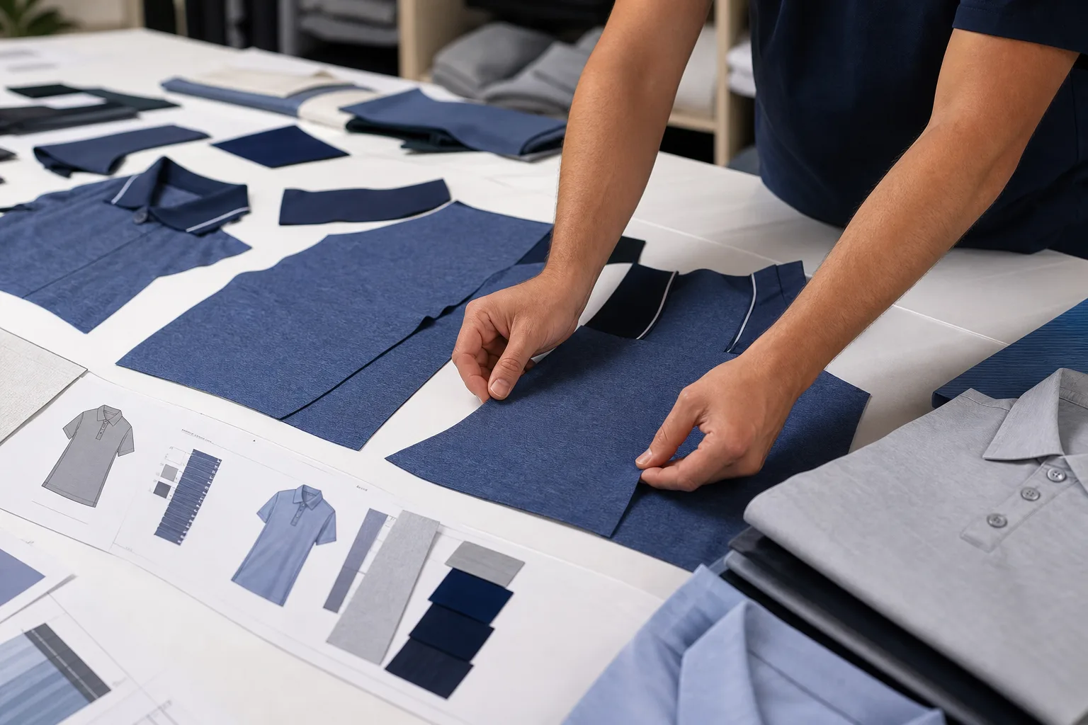 Cut and sew golf apparel panels arranged for production review