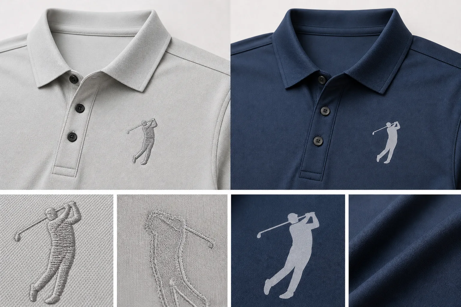 Golf shirt decoration samples showing embroidery and printing differences