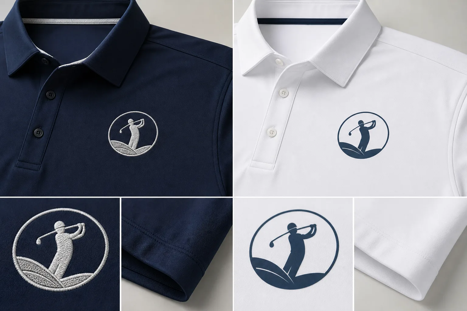 Golf shirt decoration samples showing embroidery and printing differences