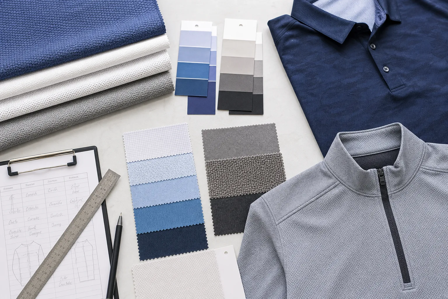 Golf apparel fabric swatches and testing materials on a review table