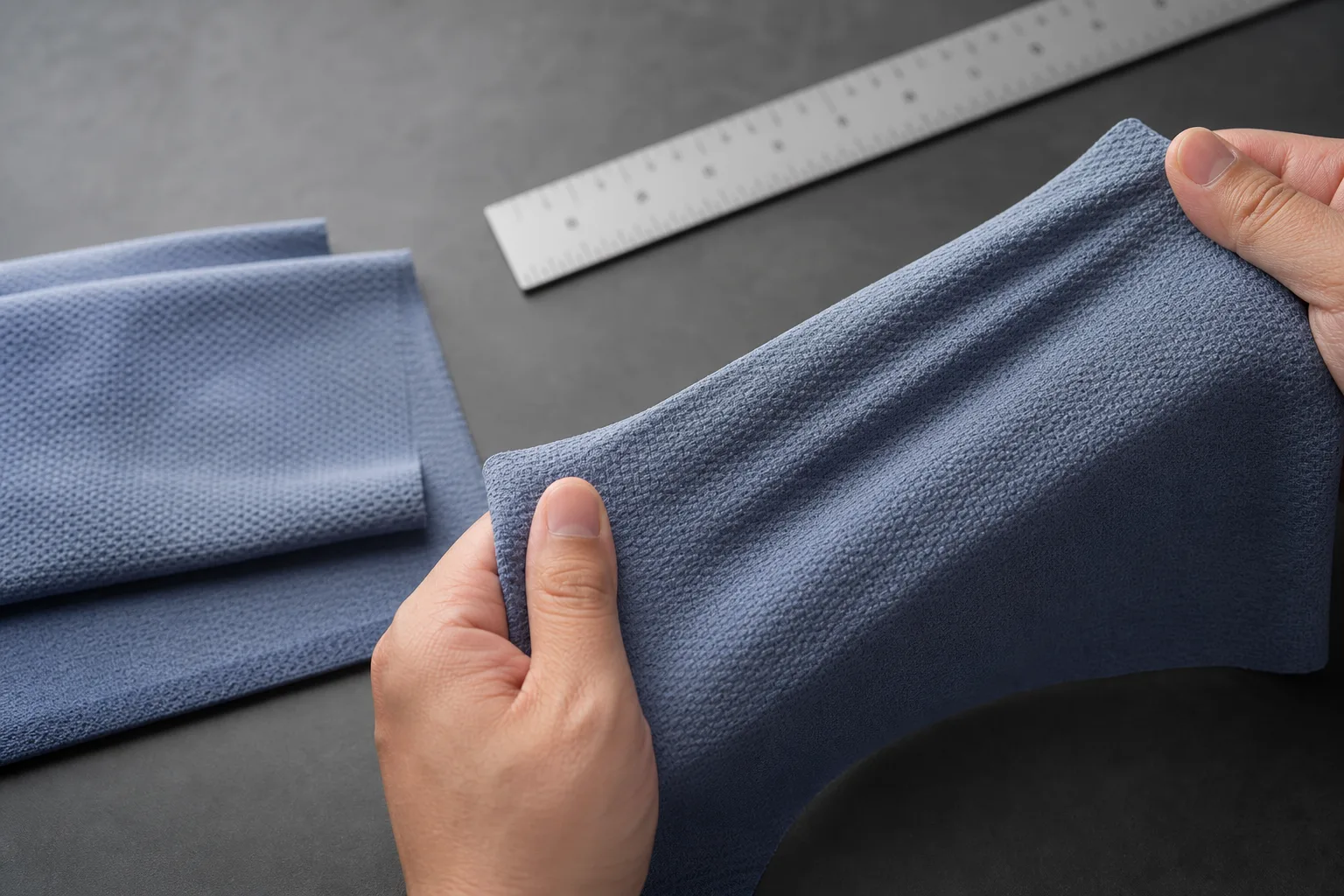 Performance golf fabric being checked for stretch and recovery