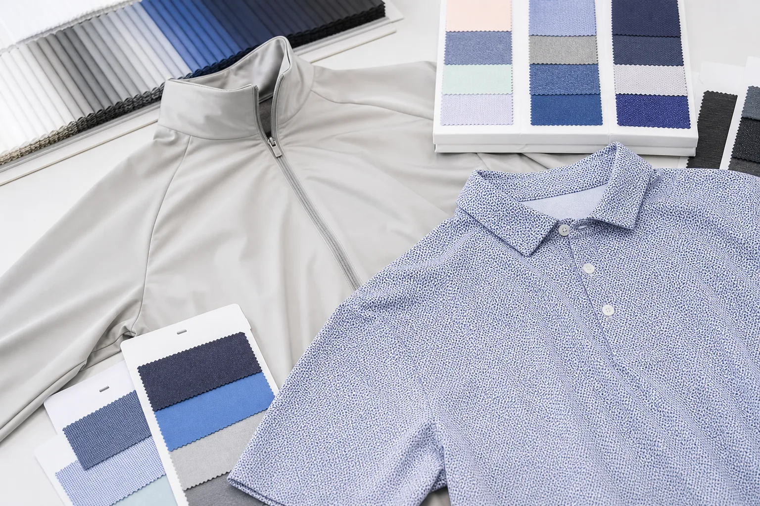 Fabric swatches and sample golf garments for functional finish selection