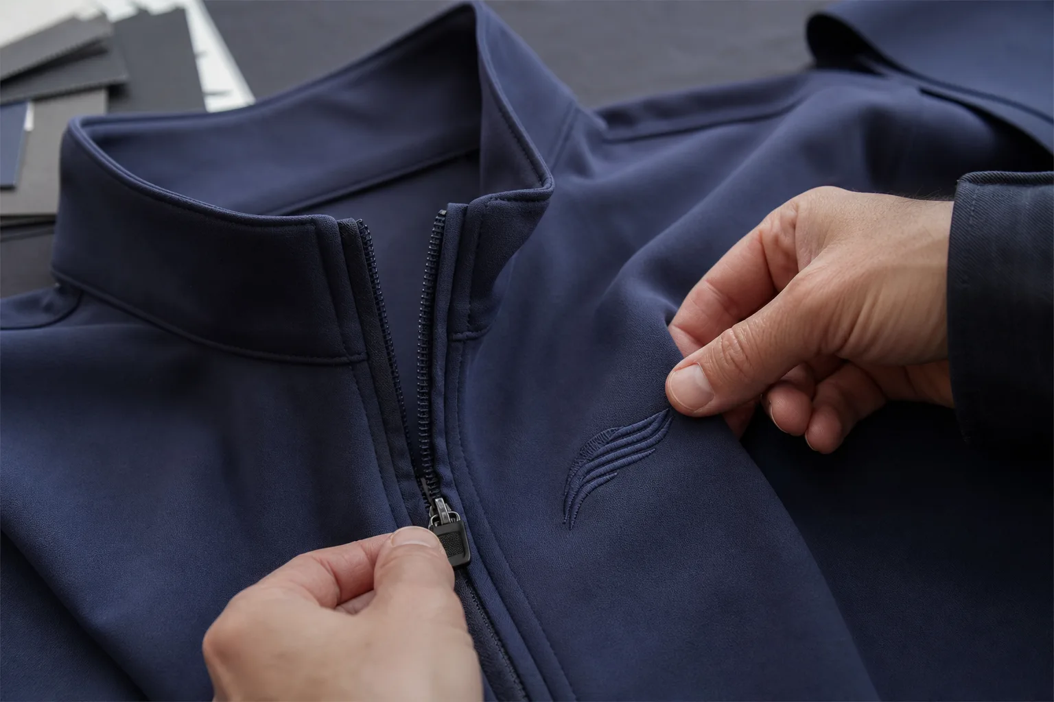 Inspector checking embroidery and zipper details on a golf top