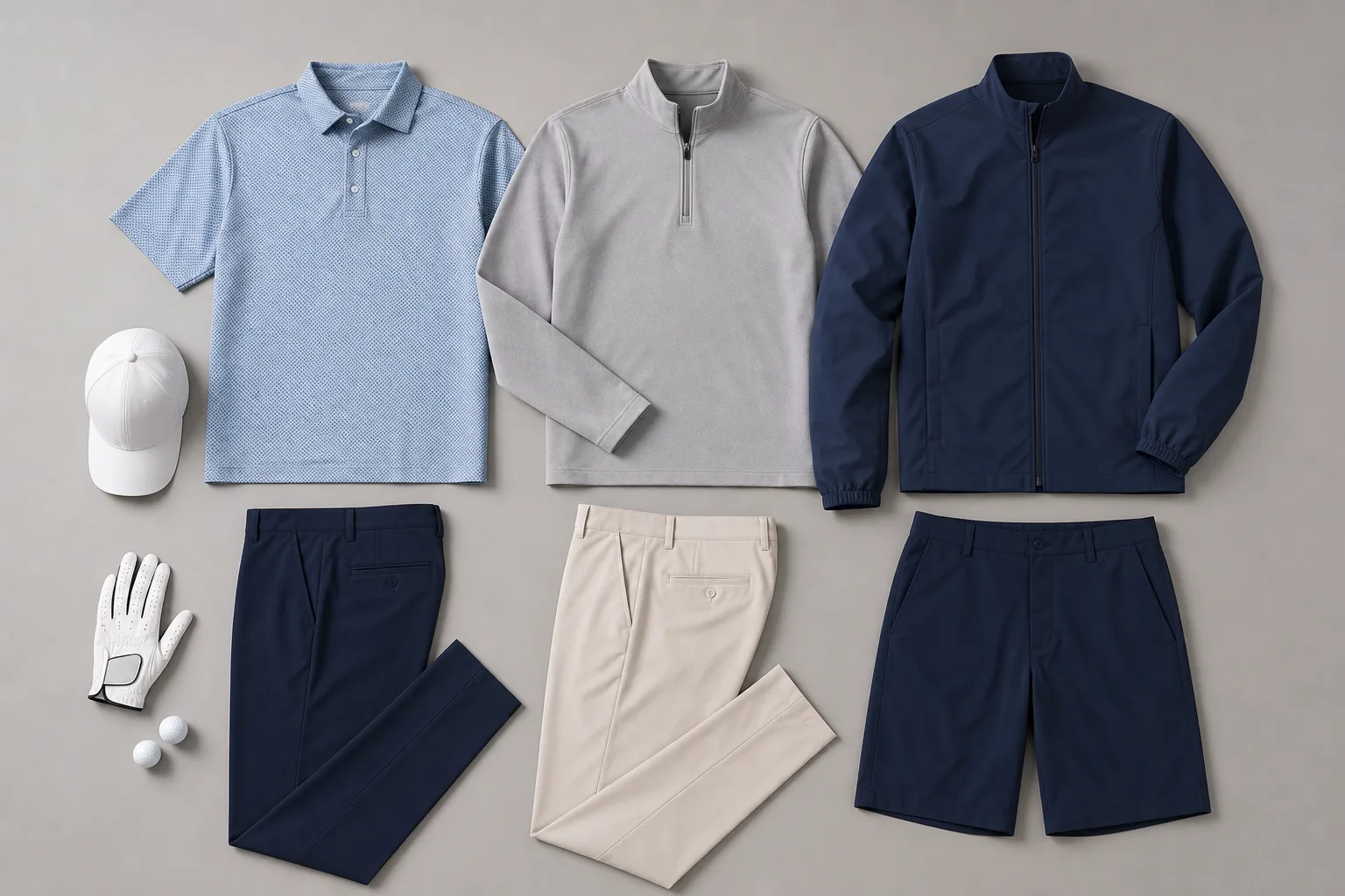 Golf academy uniform pieces arranged as a coordinated product set