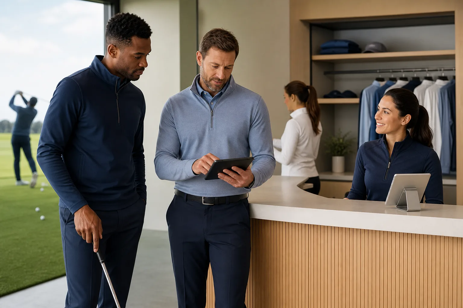 Golf academy staff in coordinated apparel across coaching and front desk roles
