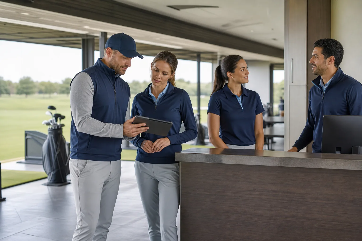 Golf academy staff in coordinated apparel across coaching and front desk roles