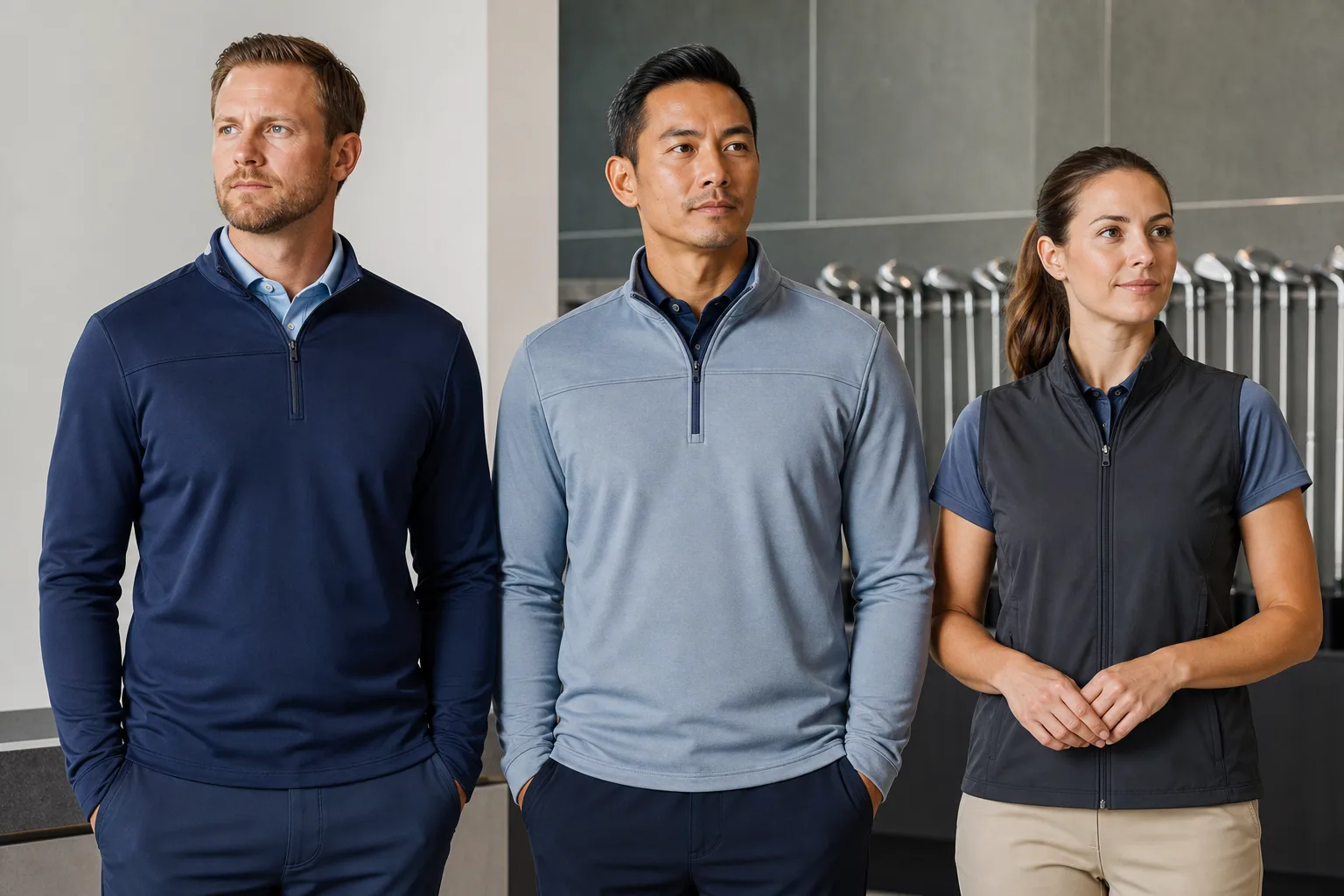 Three golf academy uniform variations for coaching and operations staff