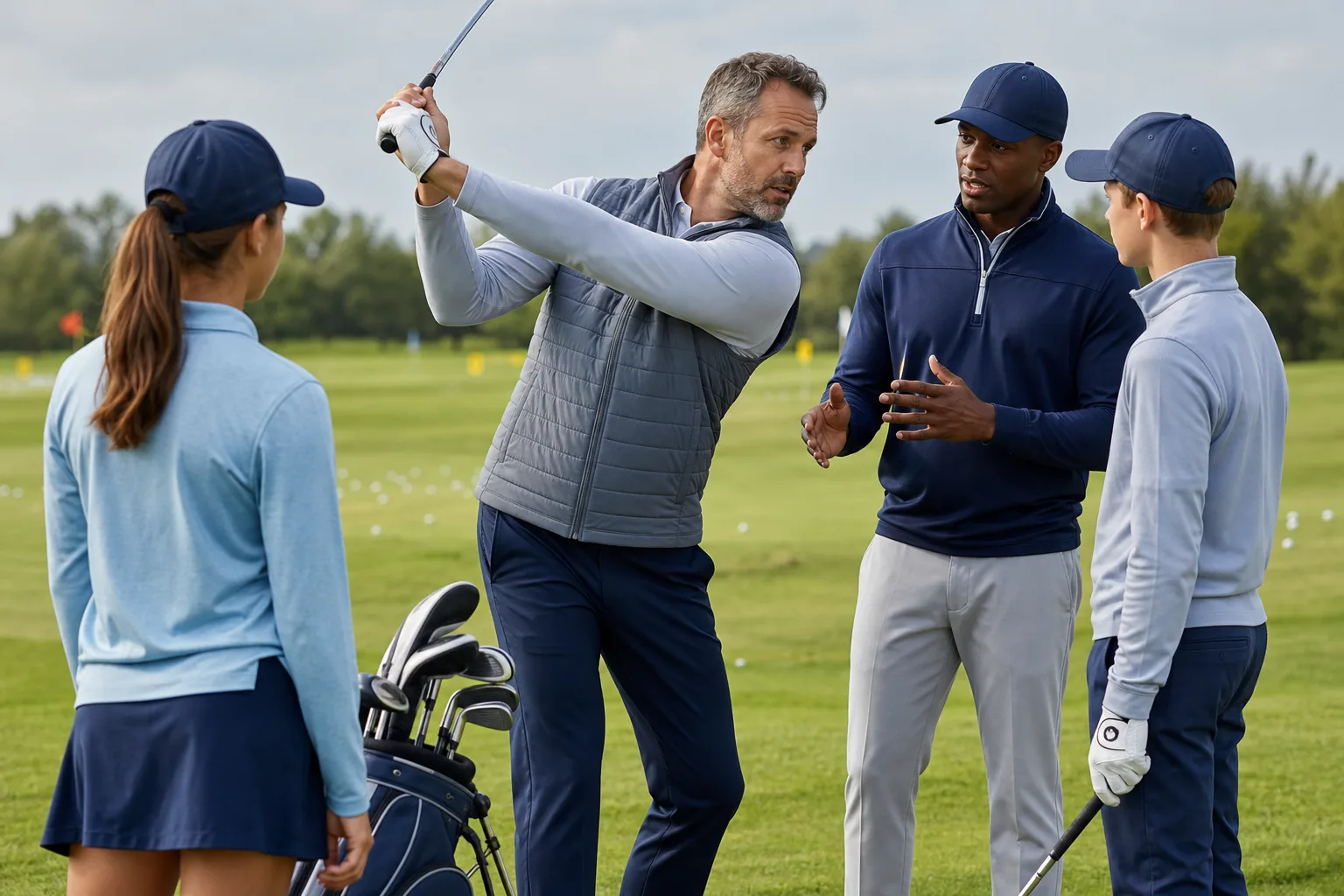 Golf academy coaches wearing coordinated custom uniforms on a practice range