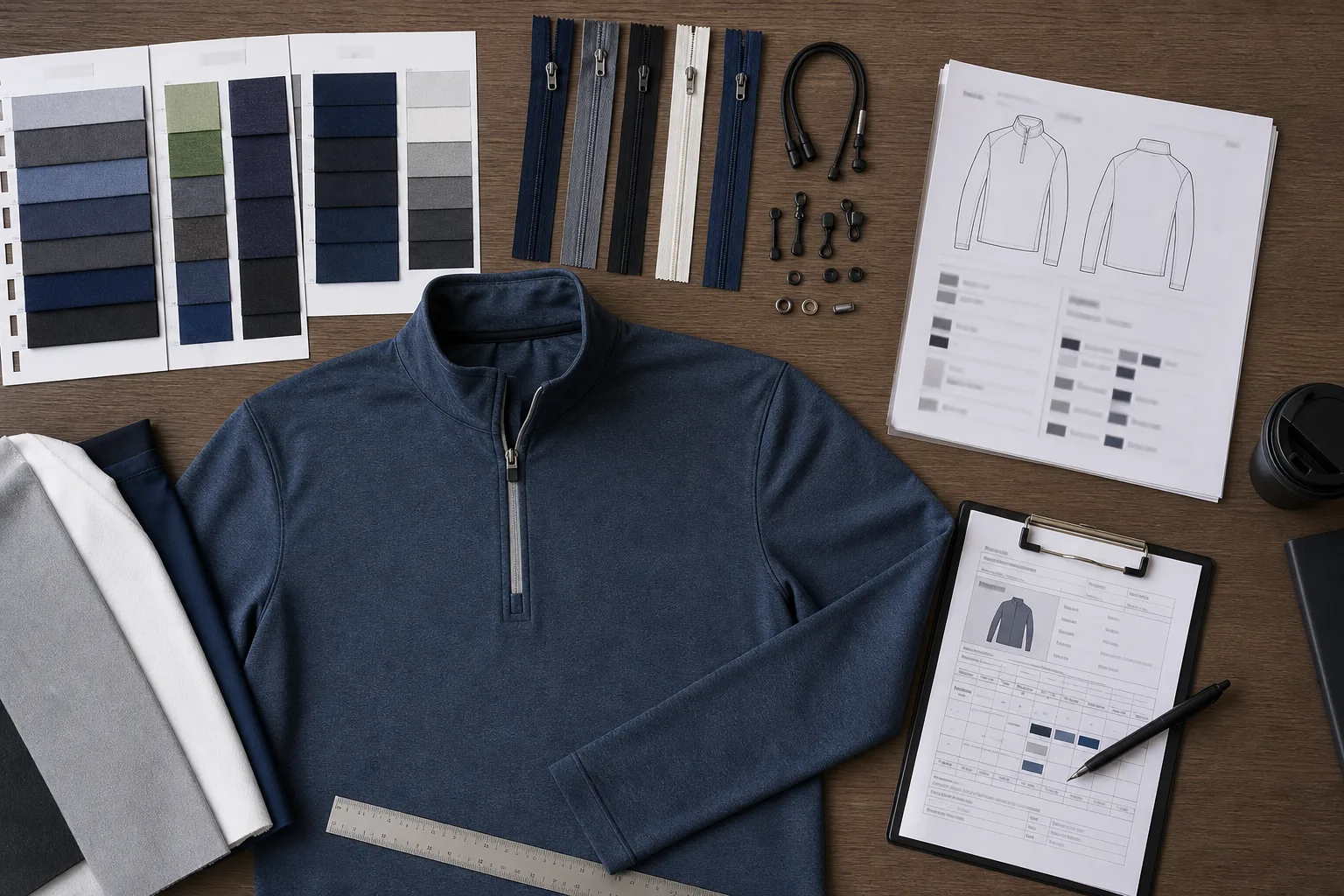 Golf apparel sample review with measurements, trims, and logo placement checks