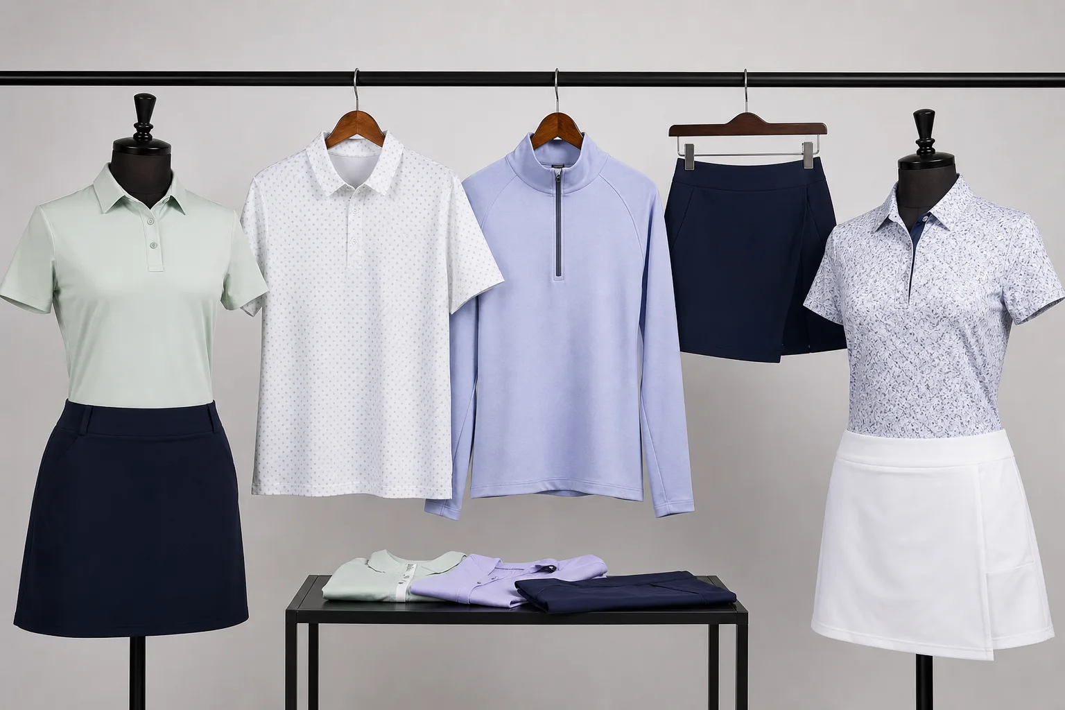Golf polo, quarter-zip, and skort displayed for approval review