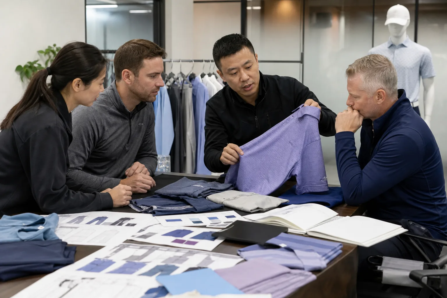 Buyers reviewing golf apparel category options for a custom program