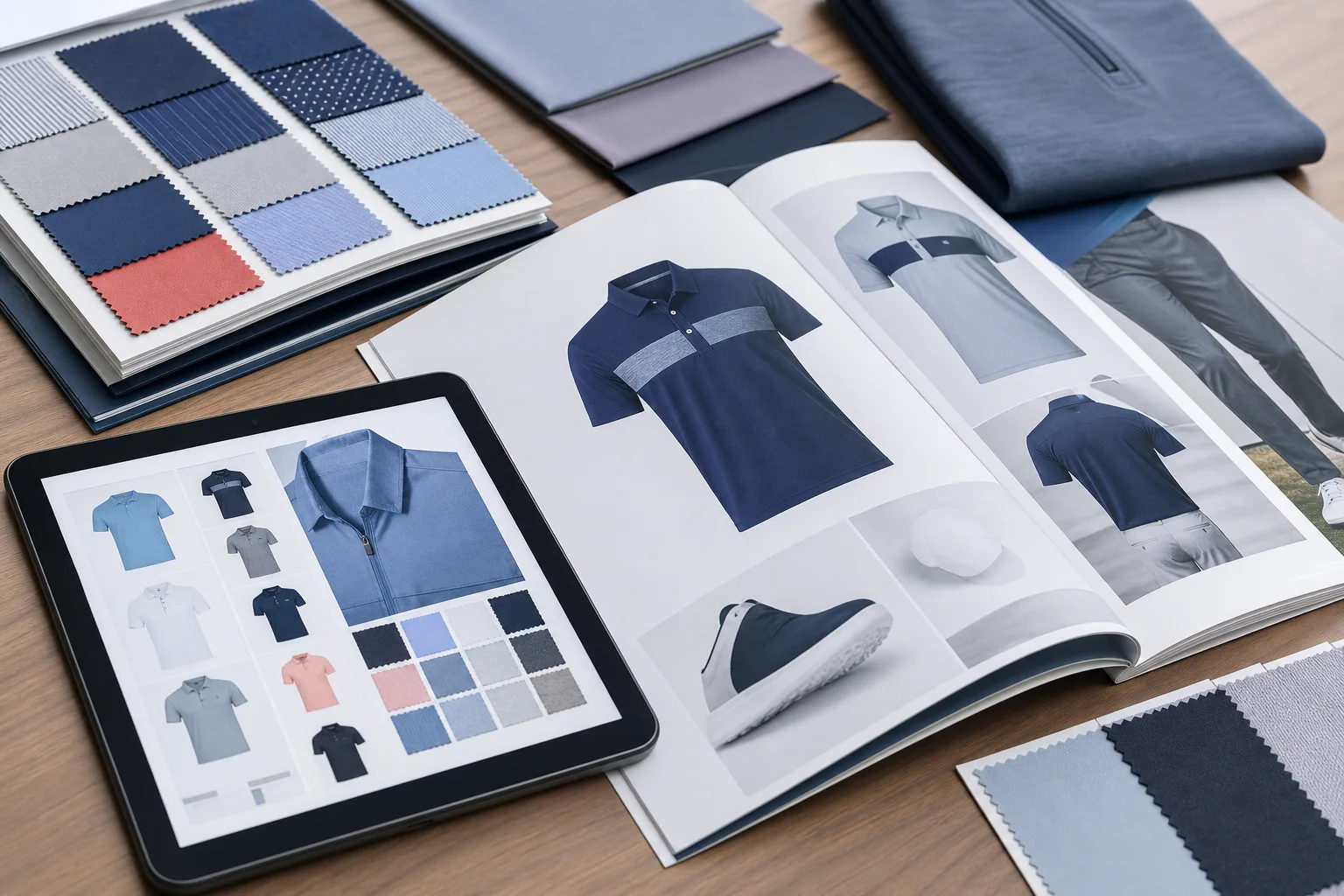 Golf apparel catalog shown in print and digital format on a desk