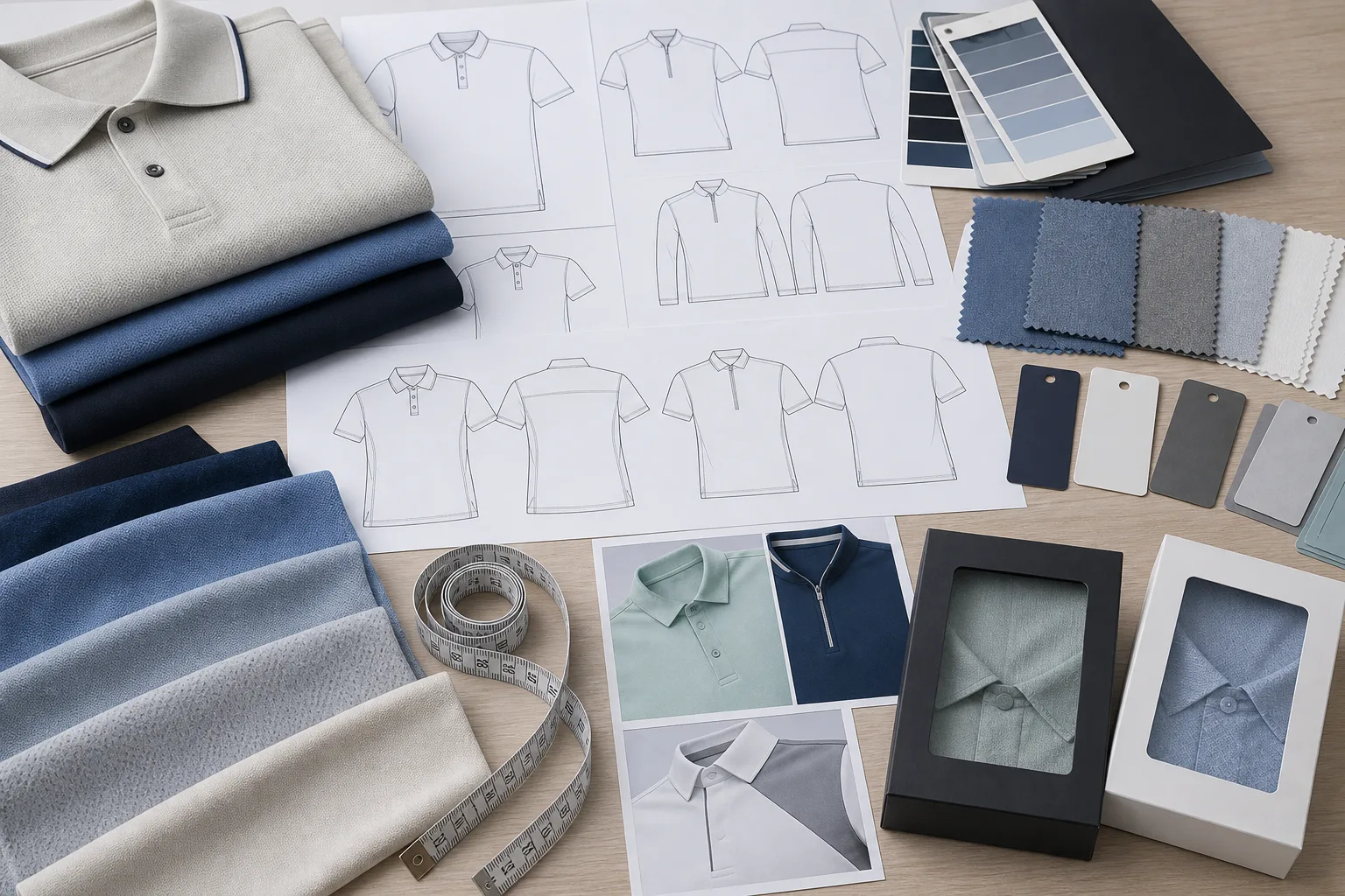Golf apparel planning surface with swatches, sketches, labels, and packaging
