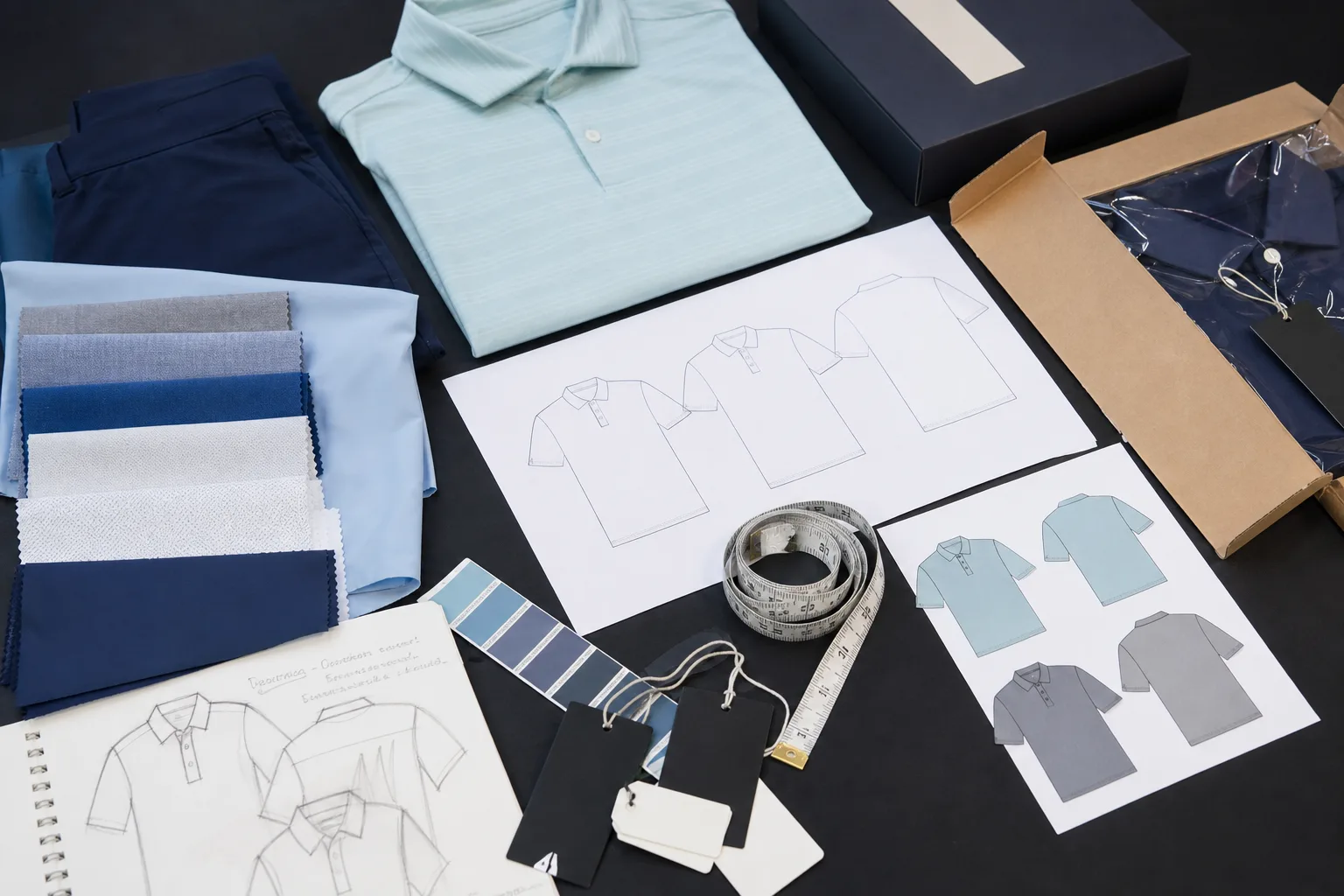 Golf apparel planning surface with swatches, sketches, labels, and packaging