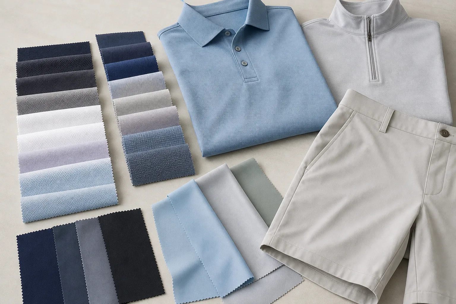 Golf apparel fabric swatches with sample polo, quarter-zip, and shorts