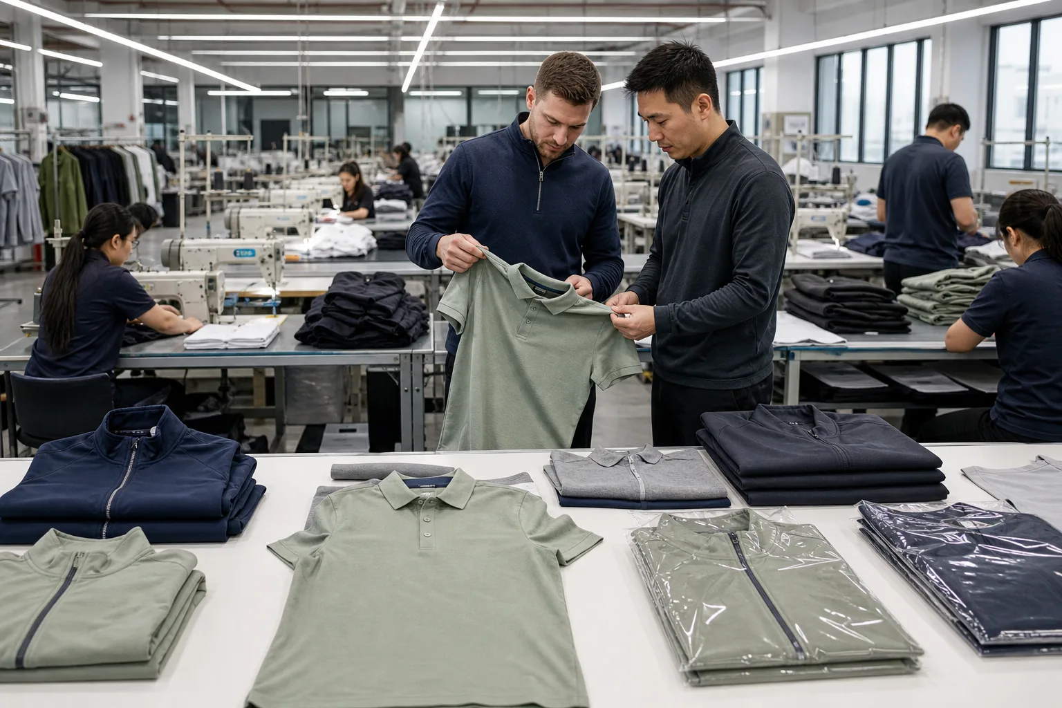 Golf apparel production workflow with sewing, finishing, and packaged garments